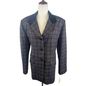 Vintage Rafael Plaid Blazer Jacket‎ 100% Wool Velvet Collar Women's Size 16